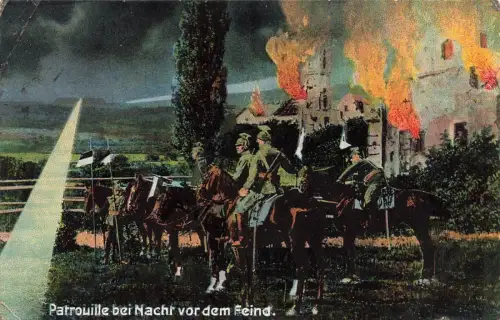 AK 1.WK Ulanen Patrouille bei Nacht vor dem Feind 1915 gelaufen Patriotika