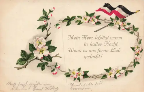 Spruchkarte mit Blumenkranz und Reichsfahne Patriotika Postkarte AK 1917