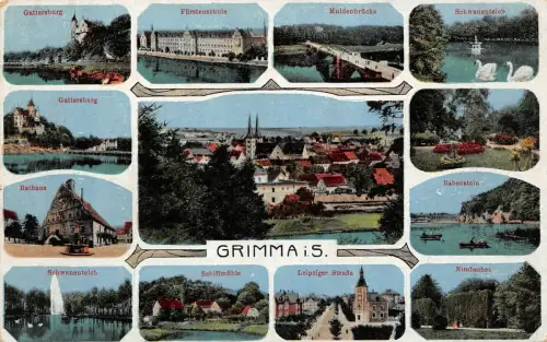Panorama Karte Rathaus, Fürstenschule und Gattersburg Grimma Sachsen Postkarte