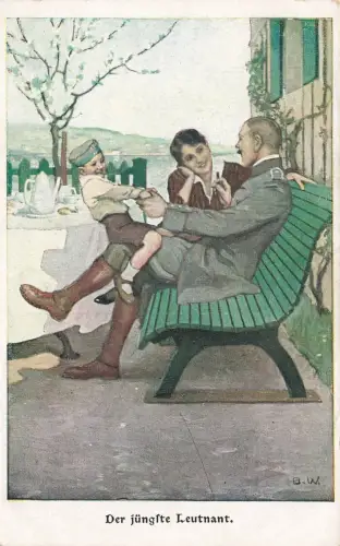 AK 1.WK Der jüngste Leutnant Soldat Frau Kind ungelaufen Patriotika Postkarte