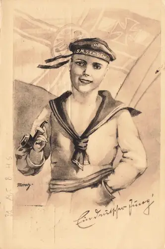 AK 1.WK Matrose S.M.S. Emden Reichsfahne Portrait 1916 Patriotika Postkarte