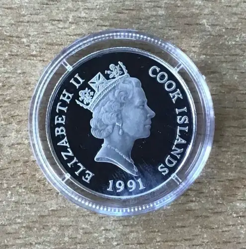Cook - Inseln 5 Dollars 1991 Angriff Fußball PP Silbermünze Zertifikat