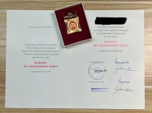 DDR Kollektiv der sozialistischen Arbeit mit Urkunde, Konsumgenossenschaft