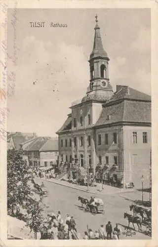 AK Tilsit Rathaus Pferdewagen Ostpreussen 1915 gelaufen Postkarte