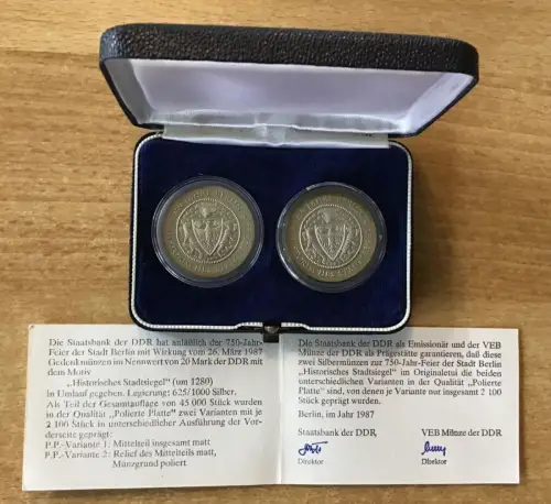 DDR 2 x 20 Mark Stadtsiegel 1987 PP im Originaletui und Zertifikat