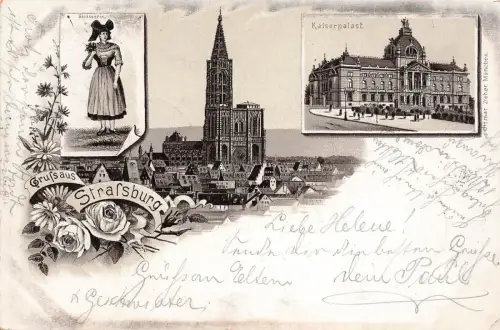 AK Strassburg Kaiserplatz Elsässerin Frankreich 1896 gelaufen Postkarte Litho