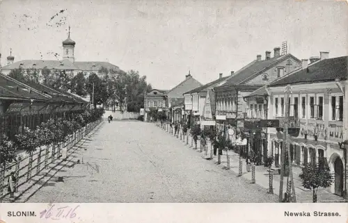AK Slonim Newska Strasse Kirche Belarus 1916 gelaufen Postkarte