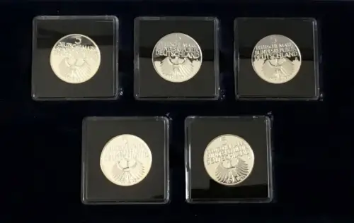 Die ersten fünf 5 DM als Repliken Silber-Gedenkmünzen in Holz Box mit Zertifikat