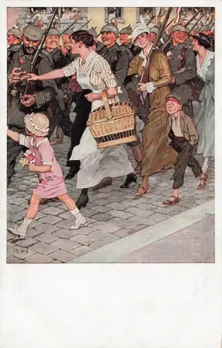 AK Ausmarsch Nr. 7 Soldaten Frau Kinder ungelaufen Patriotika Postkarte