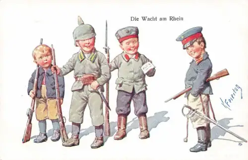 Kleine Soldaten Wacht am Rhein Holzgewehr Schwert Künstlerkarte K. Feiertag Nr 4