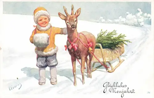 AK Neujahr Mädchen Schnee Reh Schlitten Künstlerkarte K. Feiertag Nr 3