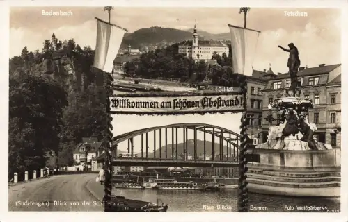 AK Tetschen-Bodenbach Brücke Schloss Brunnen Sudeten 1939 gelaufen Postkarte