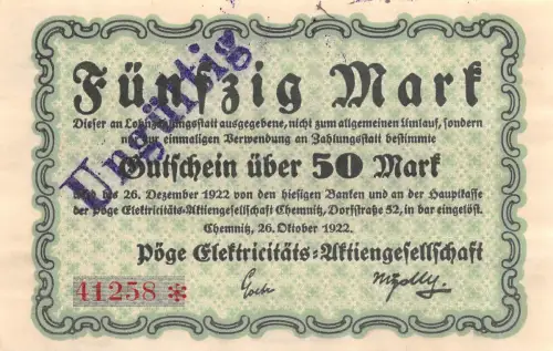 50 Mark Notgeld CHEMNITZ 26.10.1922 Pöge Elektriztäts-Aktiengesellschaft