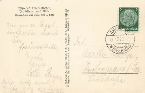 AK Osternothafen Fliegeraufnahme Leuchtturm Mole Pommern 1933 gelaufen Postkarte