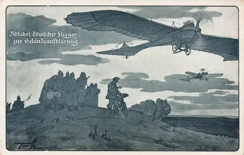 AK 1.WK Abfahrt deutscher Flieger Geländeaufklärung 1915 Patriotika Postkarte