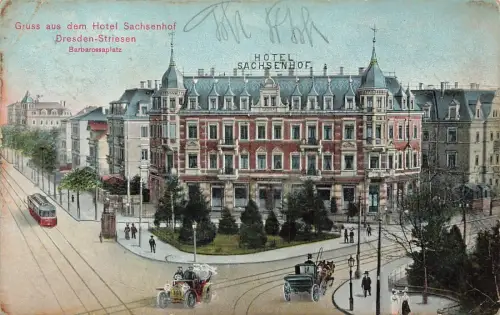 AK Dresden-Striesen Hotel Sachsenhof Barbarossaplatz Sachsen gelaufen Postkarte