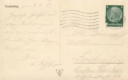 Straßenansicht Blick zum Rathaus Reichenberg Liberec Böhmen Postkarte AK 1939