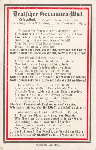 AK 1.WK Kriegslied Deutscher Germanen Mut ungelaufen Patriotika Postkarte
