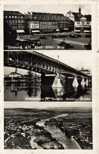 AK Leitmeritz Adolf-Hitler-Ring Konrad-Henlein-Brücke Böhmen Postkarte