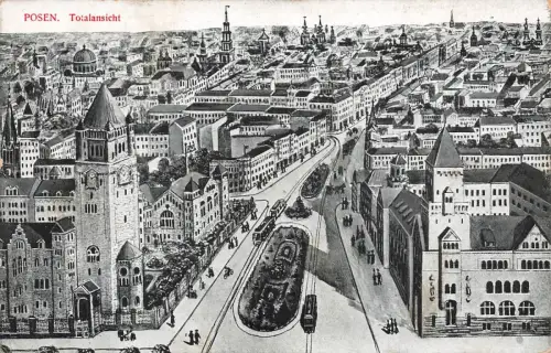 AK Posen Totalansicht Straßenbahn Posen 1917 gelaufen Postkarte