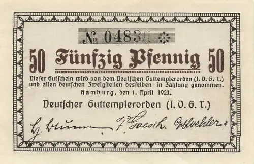 50 Pfennig Notgeld HAMBURG Deutscher Guttemplerorden I.O.G.T.