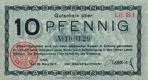 10 Pfennig Notgeld KÖLN Stadt 29.3.1917