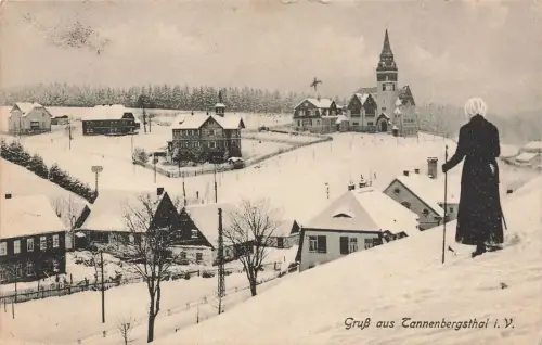 AK Tannenbergsthal Stadtansicht Kirche Winter 1920 Vogtland Sachsen Postkarte