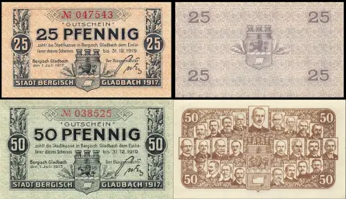 2 x Notgeld BERGISCH-GLADBACH Stadt 1.7.1917