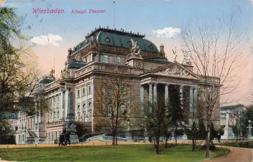 AK Wiesbaden Neues Theater Hessen 1914 gelaufen Postkarte