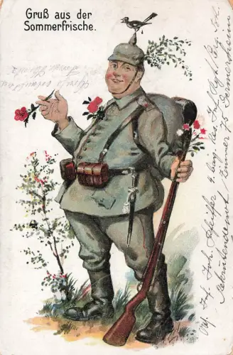 AK 1.WK Gruss aus der Sommerfrische Soldat Bajonett 1918 Patriotika Postkarte