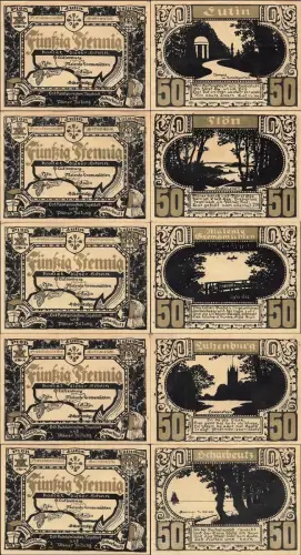 5 x Notgeld PLÖN Ost-Holsteinisches Tageblatt/Plöner Zeitung Druck schwarz/gold
