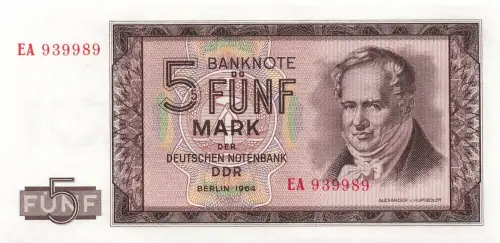 DDR Banknote 5 Mark 1964 Alexander v. Humboldt Ro: 354a Kassenfrisch / UNC