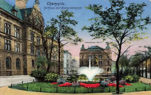 AK Chemnitz Rathaus Beckerdenkmal Dresdner Bank Sachsen 1915 gelaufen Postkarte