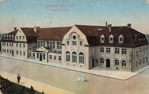AK Falkenstein Neuer Bahnhof Sachsen Vogtland 1914 gelaufen Postkarte