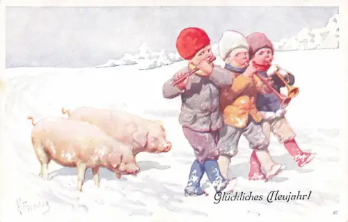 AK Neujahr Kinder mit Flöte Künstlerkarte K. Feiertag Nr 2