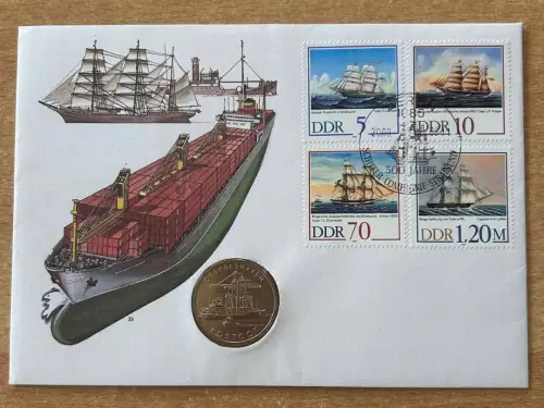 Numisbrief Schiffe mit 5 Mark DDR Seefahrt Rostock 1988