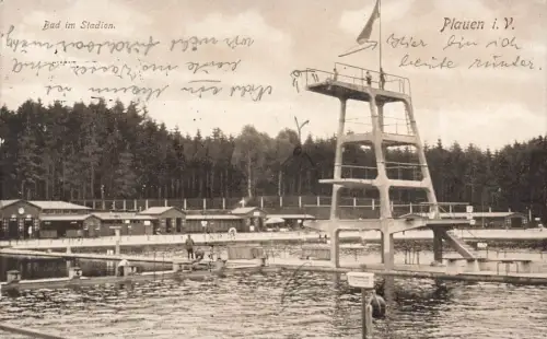 AK Plauen Bad im Stadion Sachsen Vogtland 1927 gelaufen Postkarte