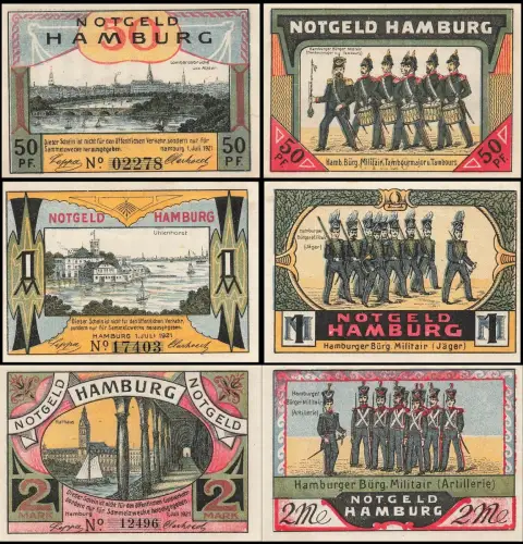 3 x Notgeld HAMBURG Bürgermilitär