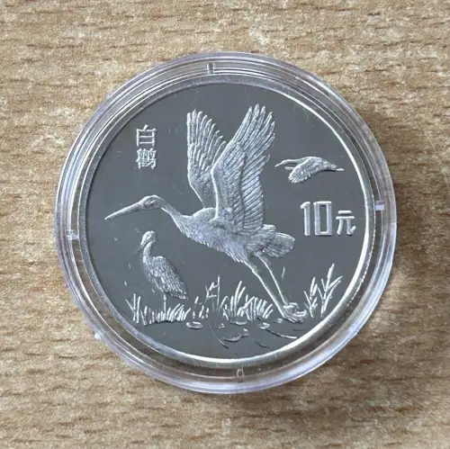 10 Yuan 1992 China Weißstorch Silber PP Zertifikat Tierwelt