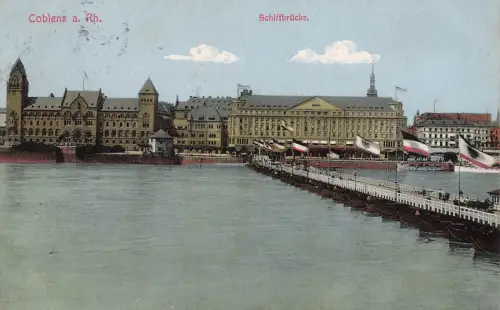 AK Coblenz Schiffbrücke Reichsfahne Rheinland-Pfalz 1914 gelaufen Postkarte