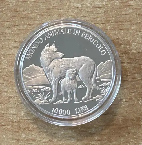 San Marino 10000 Lire 1996 Wolf Tierwelt Silber, PP