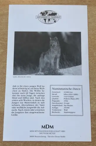 San Marino 10000 Lire 1996 Wolf Tierwelt Silber, PP