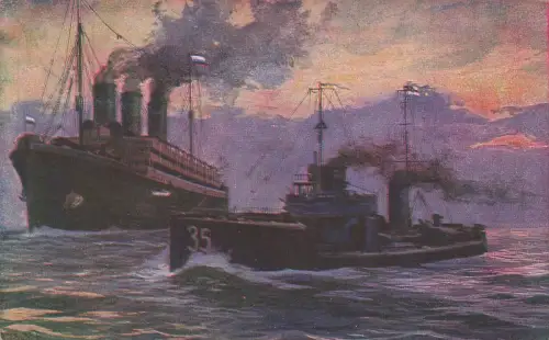 AK 1.WK Deutsches Torpedoboot kapert russ. Hilfskreuzer Patriotika Postkarte