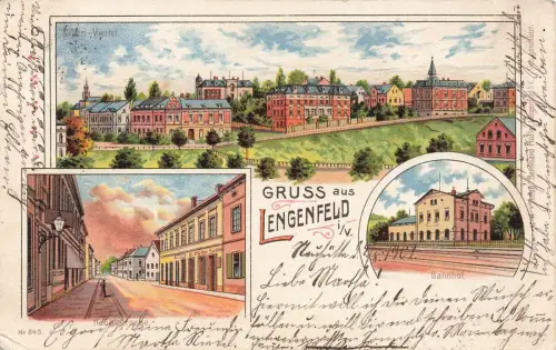 AK Lengenfeld Bahnhof Hauptstraße Sachsen Vogtland 1902 gelaufen Postkarte