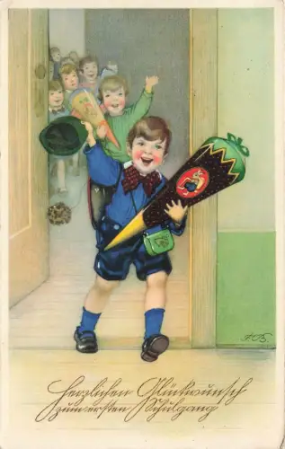 AK Schulanfang Kinder Zuckertüte 1934 gelaufen Postkarte Fritz Baumgarten