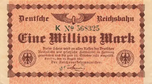 1 Million Mark 12.8.1923 Deutsche Reichsbahn, RVM-1