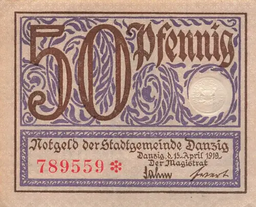 50 Pfennig Notgeld DANZIG Stadt Banknote Stadtgemeinde