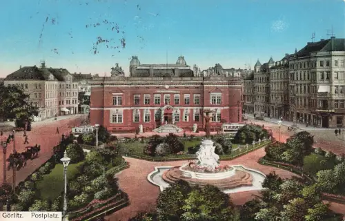 AK Görlitz Postplatz Denkmal Sachsen 1915 gelaufen Postkarte