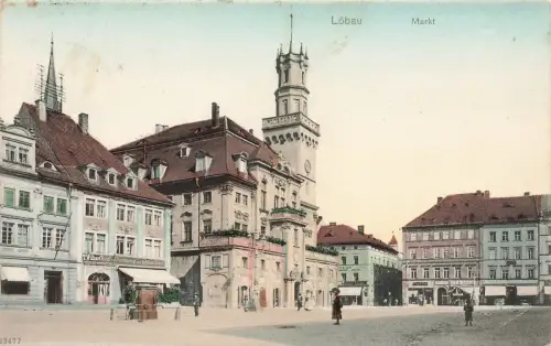 AK Löbau Markt Restaurant Hotel Menschen Sachsen 1911 gelaufen Postkarte