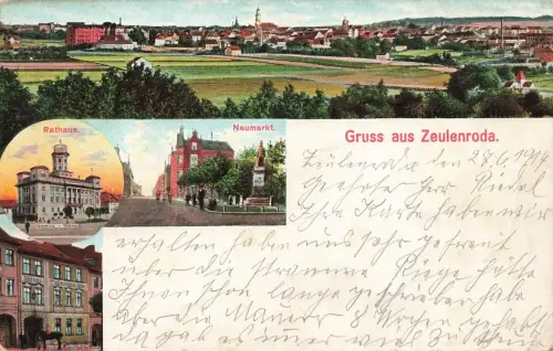 AK Zeulenroda Rathaus Neumarkt Hotel Thüringen 1914 gelaufen Postkarte